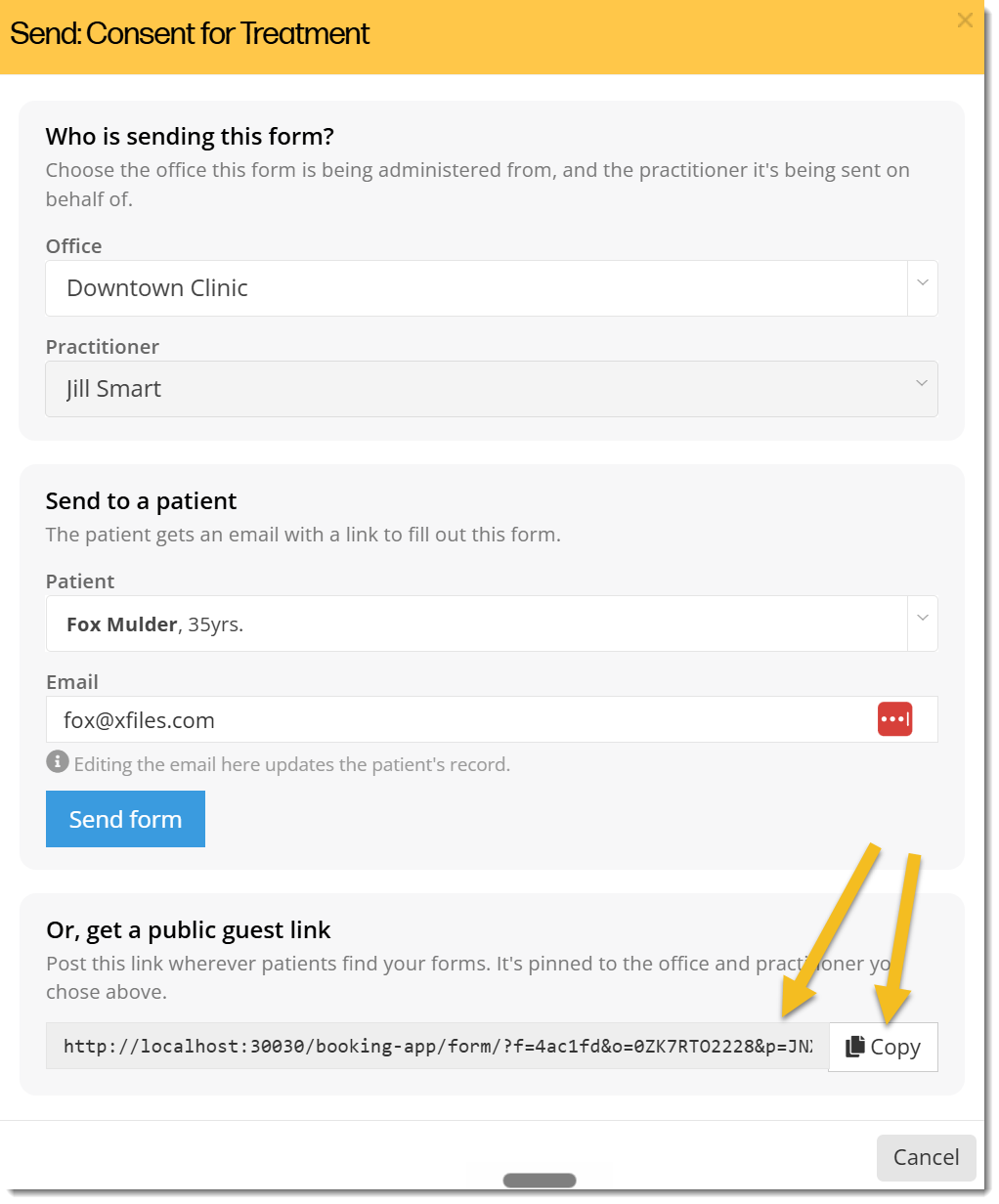 Send SmartForm V2 panel that opens up when you click on the paper airplane icon to send a SmartForm V2 to a patient. At the bottom there is a guest link. That guest link can be provided to anyone to fill out the form. This image shows where that guest link is located and the copy button to click on to copy the guest link.